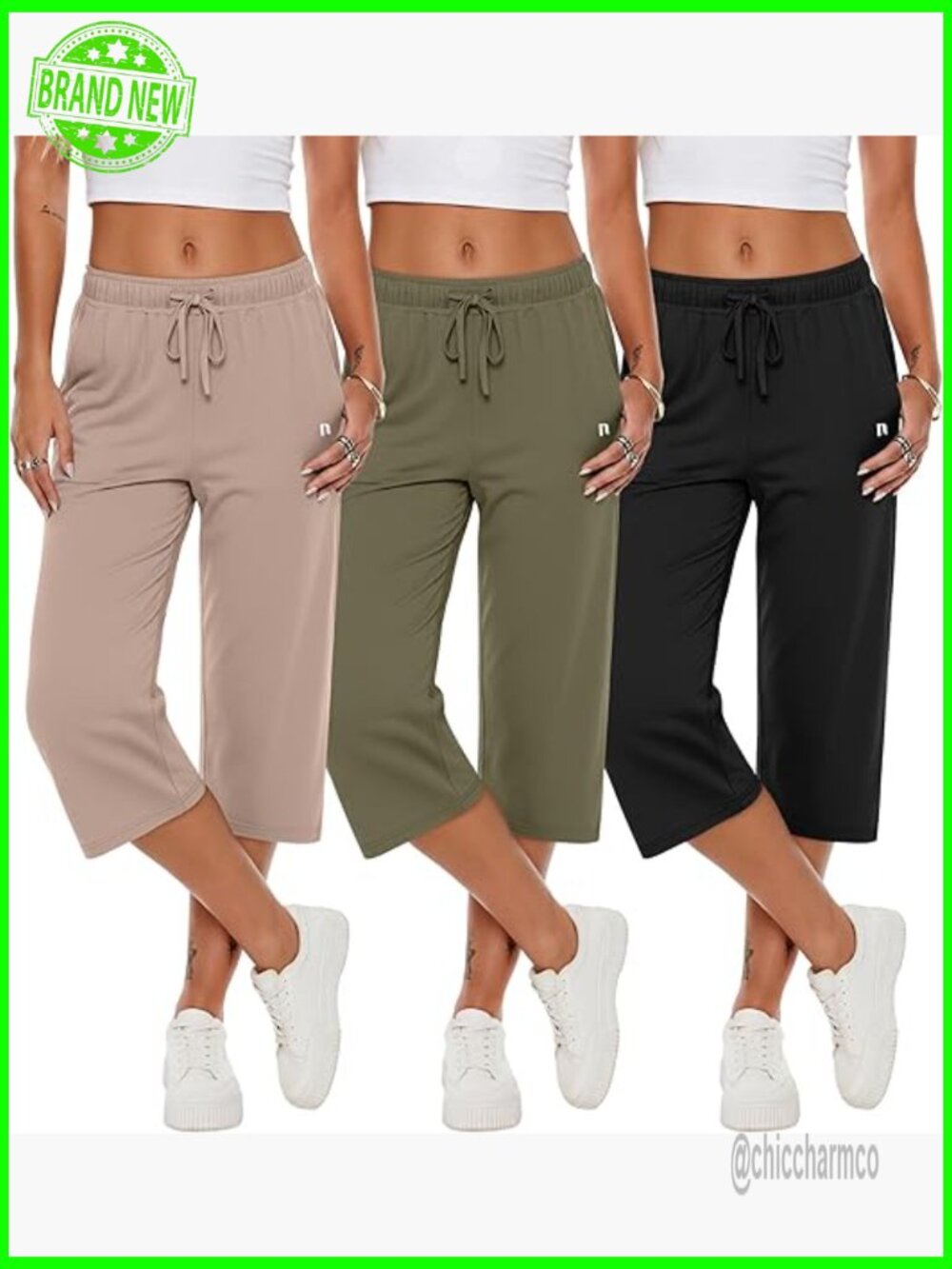 3 Pack Women's Wide Leg Sweatpants, High Waisted Drawstring Capris With Pockets